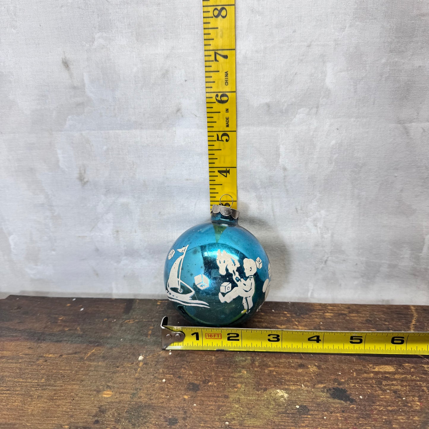 Blue Stenciled Glass Ornament Shiny Brite Vintage #2065