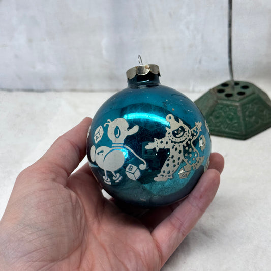 Blue Stenciled Glass Ornament Shiny Brite Vintage #2065