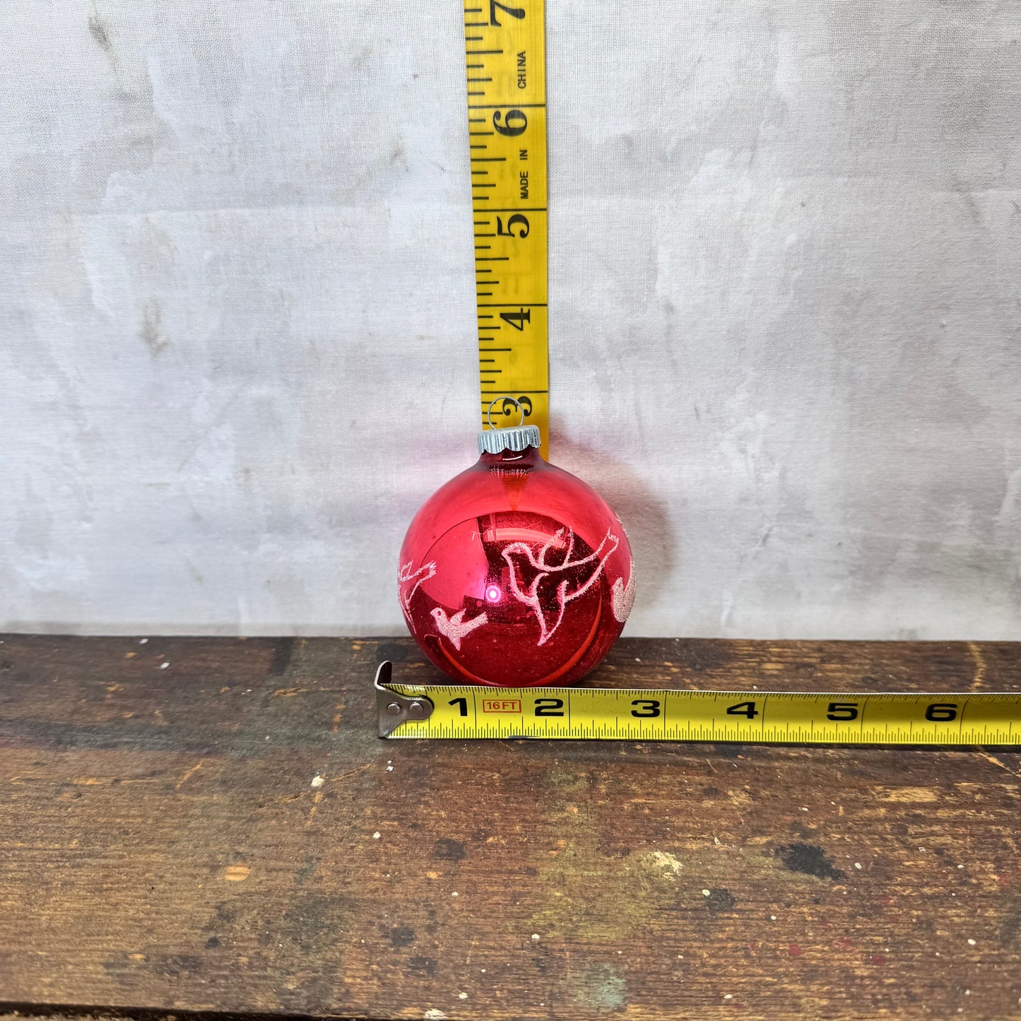 Red Stenciled Doves Glass Shiny Brite Ornament Vintage #2064