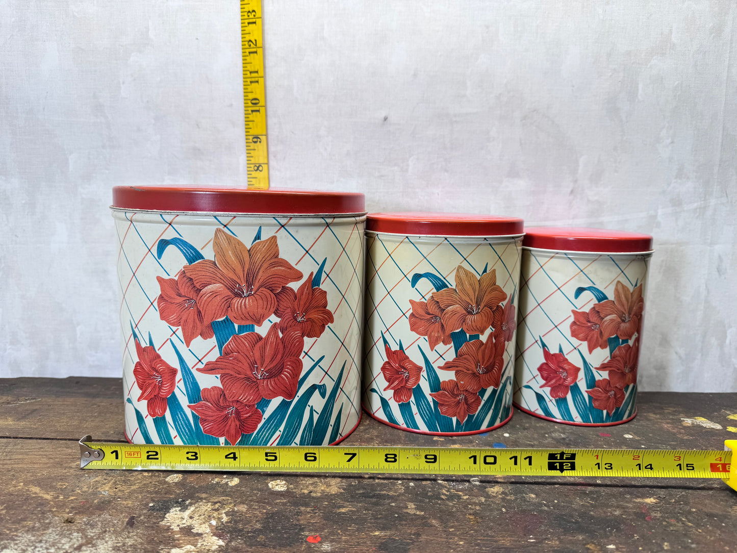 Red Green Floral Kitchen Canister Christmas Tin Set Vintage #2195