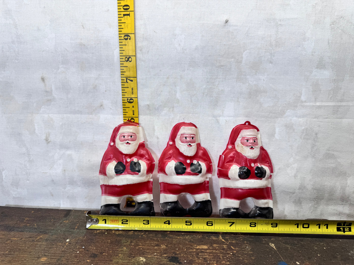3 Thin Plastic Santa Cut-Out Ornaments Flawed Vintage #2096