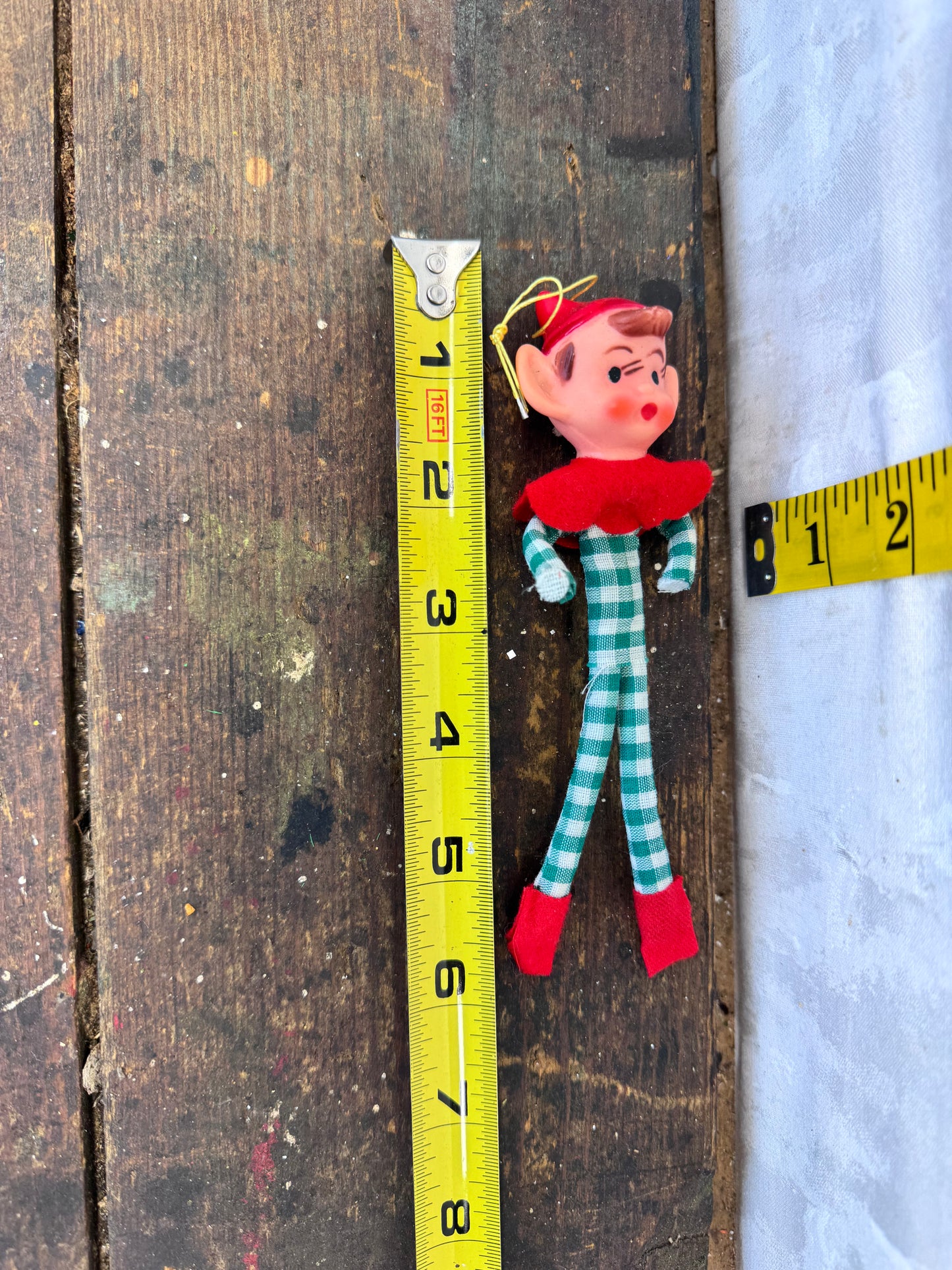 Vintage Christmas Knee Hugger Elf Pixie Green Plaid Japan Ornament #1632