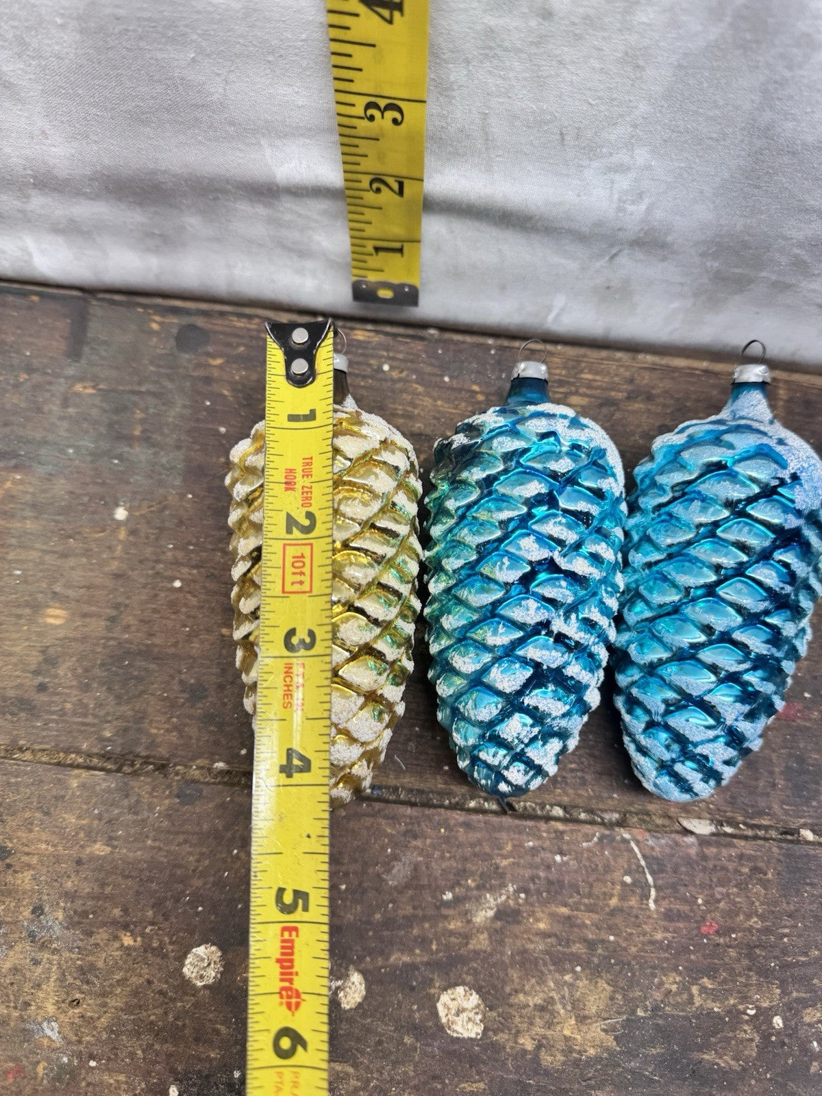 4 Blue Yellow Pinecone Lg Ornaments Antique #1547