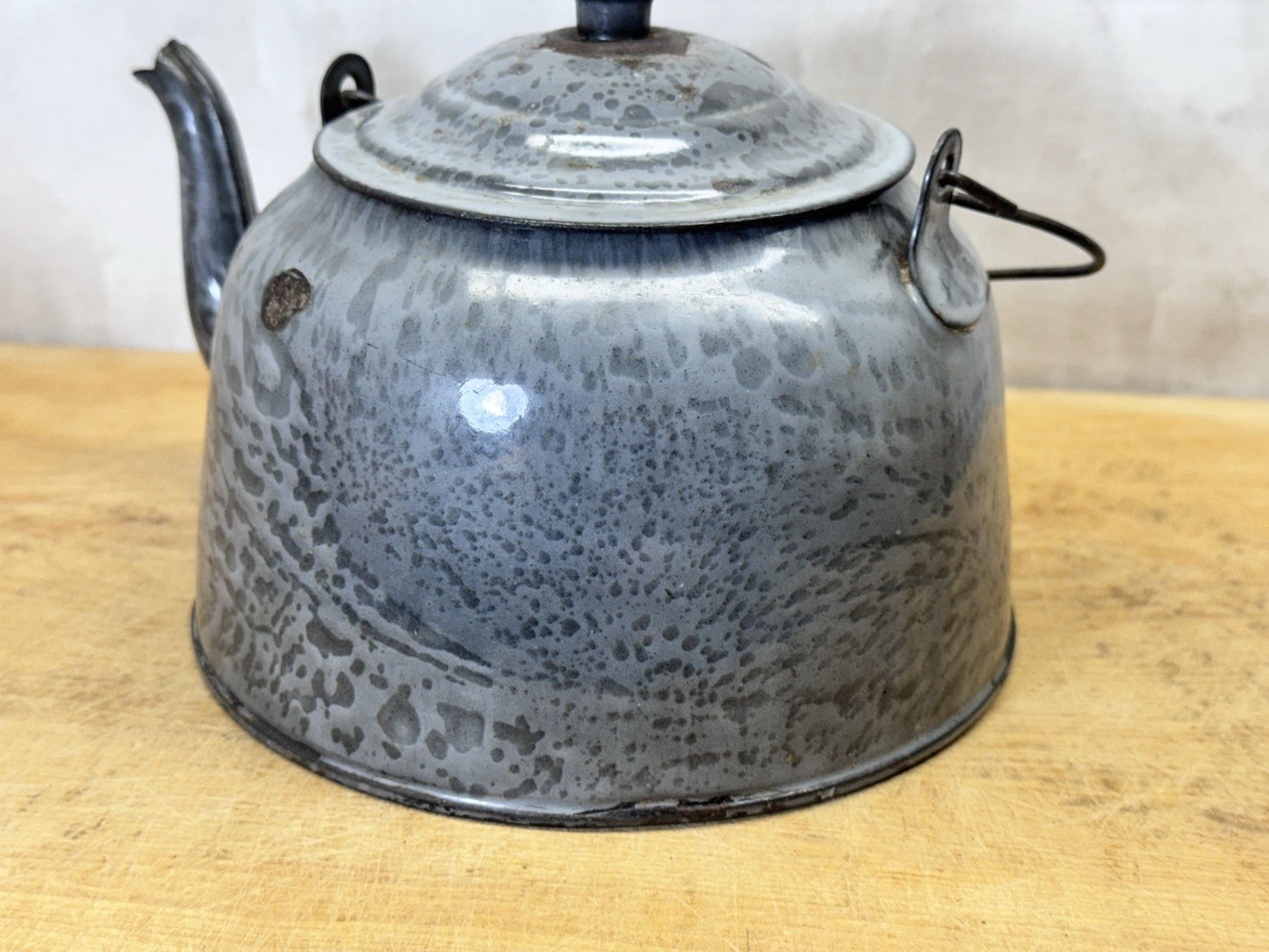 Grey French Swirl Splatter Enamelware Tea Pot Vtg #S-1872