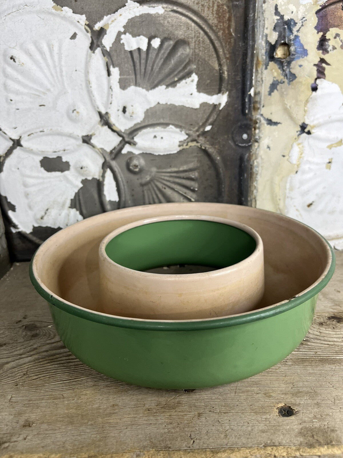 antique vintage enamelware green And Pink Jello Mold Bundt Pan