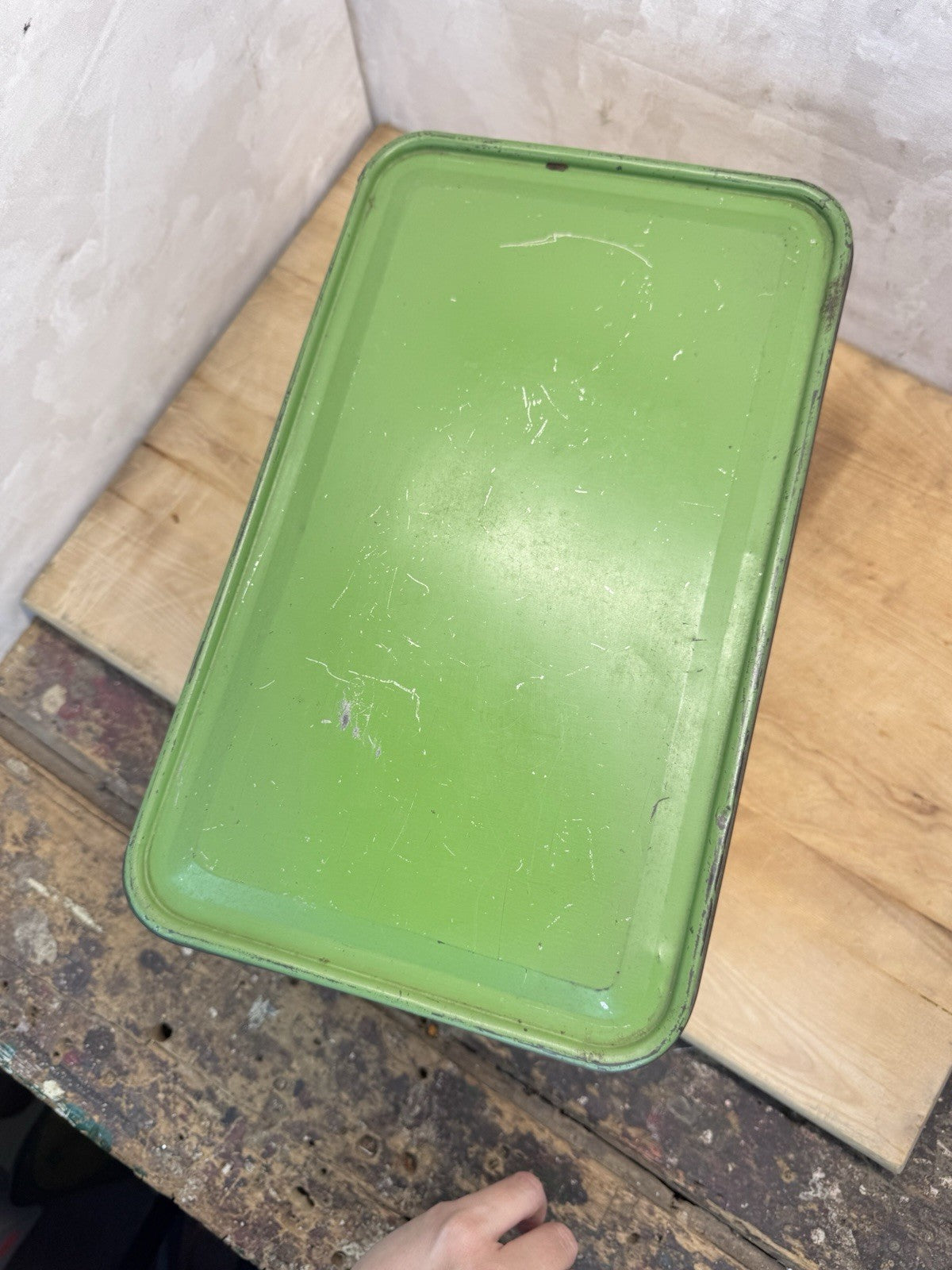 Antique Tin Bread Box Green & Cream #1480