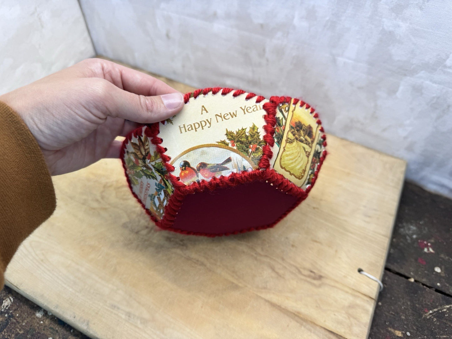 Handmade Christmas Card Bowl Vtg #1512