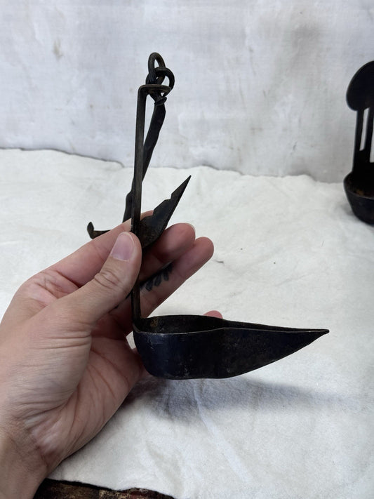 Wrought Iron Whale Oil Double Betty Lamp Antique #S-1920