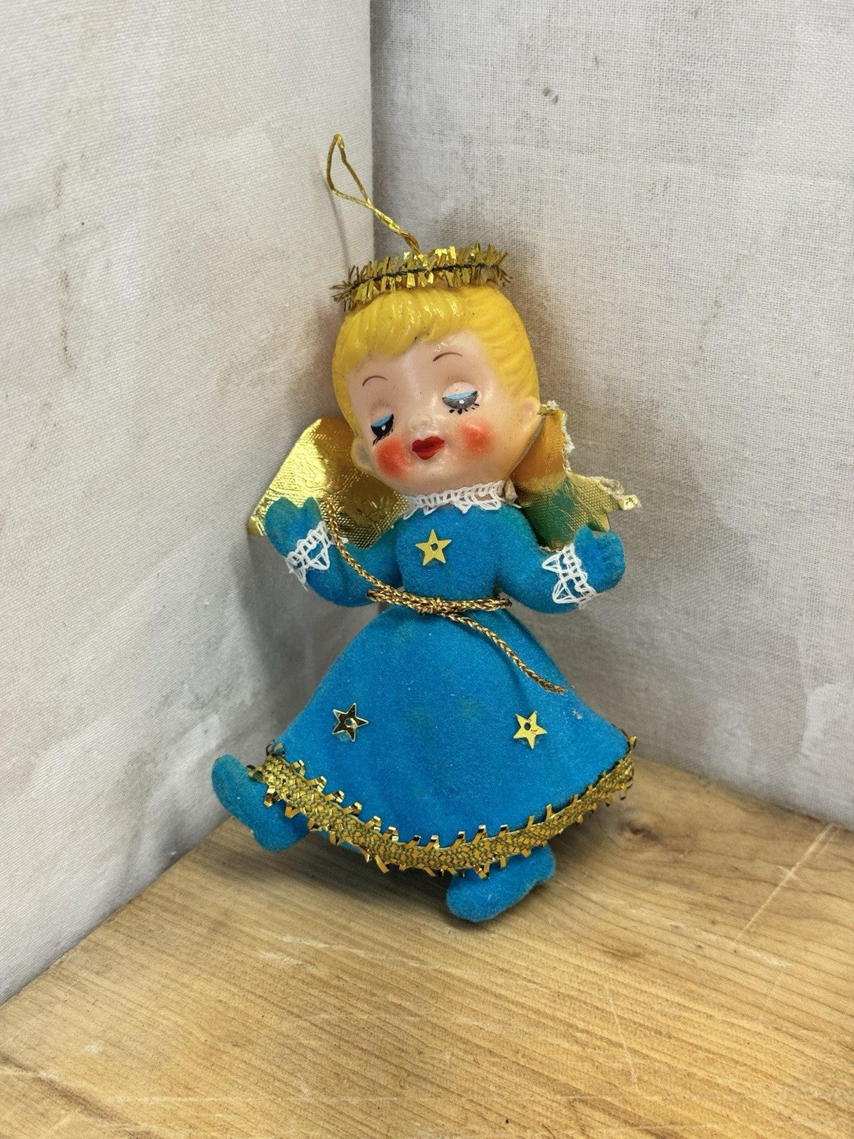 Blue Flocked Angel Christmas Ornament Vtg #1551