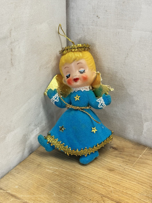 Blue Flocked Angel Christmas Ornament Vtg #1551