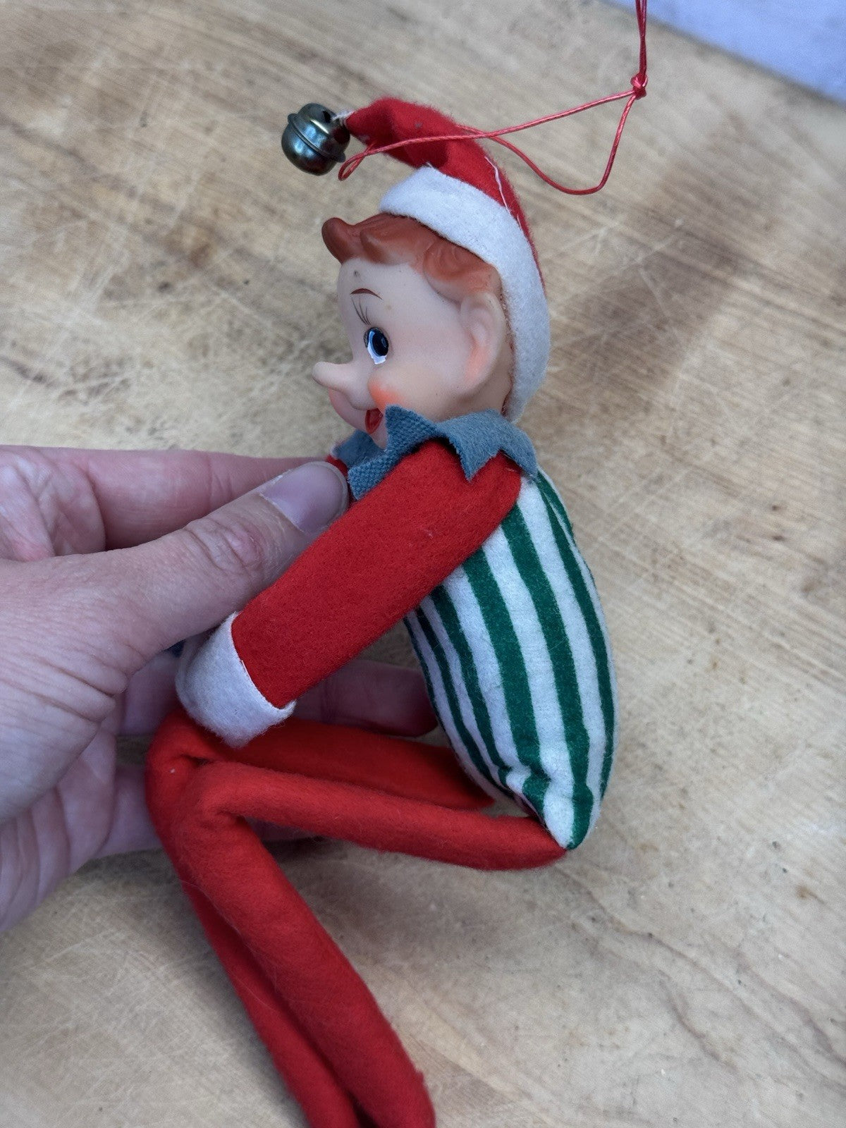 Japan Knee Hugger Elf Green Striped Christmas Vtg #1504