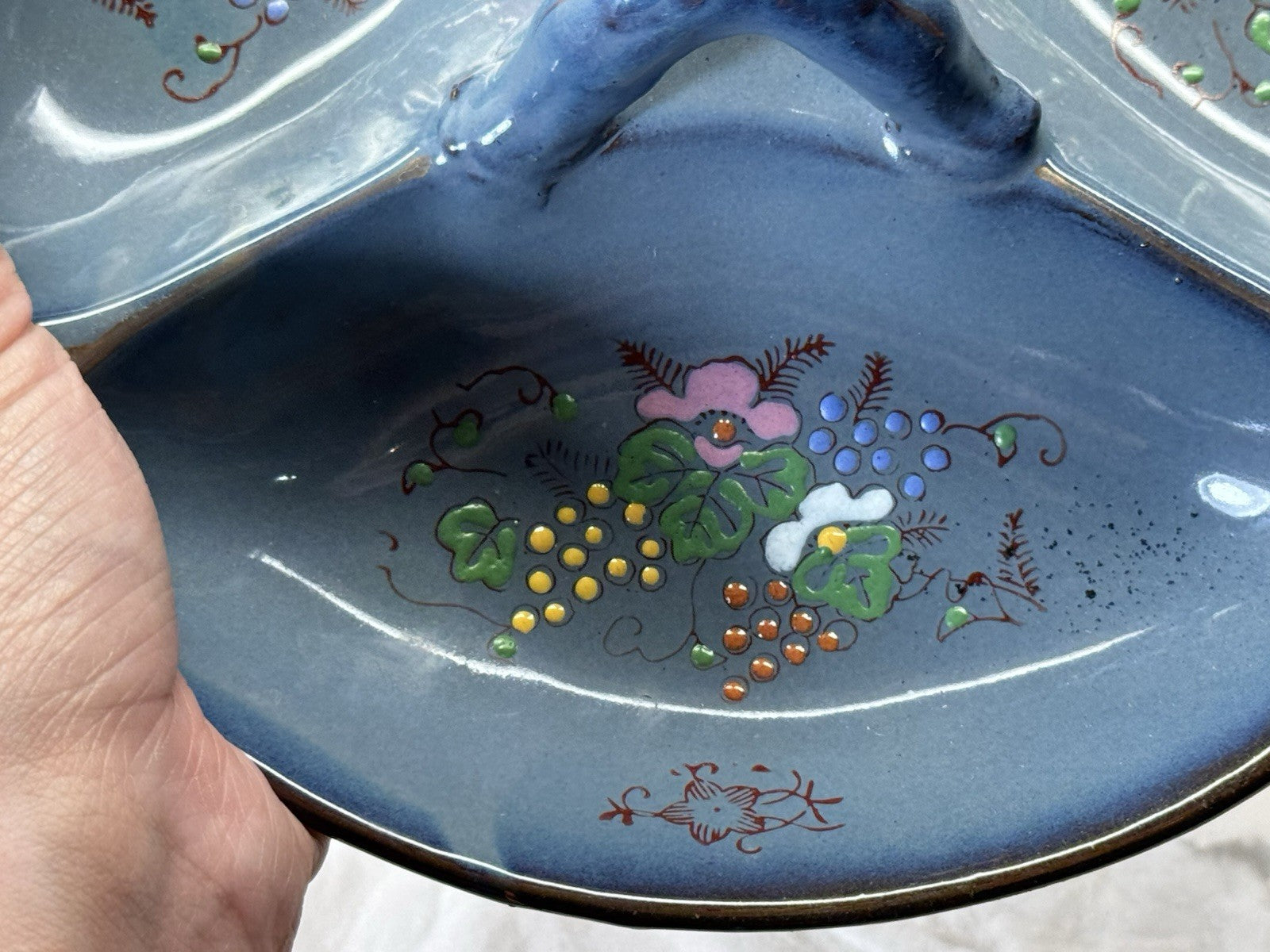 Vintage Serving Dish Blue Painted Floral #s-1905