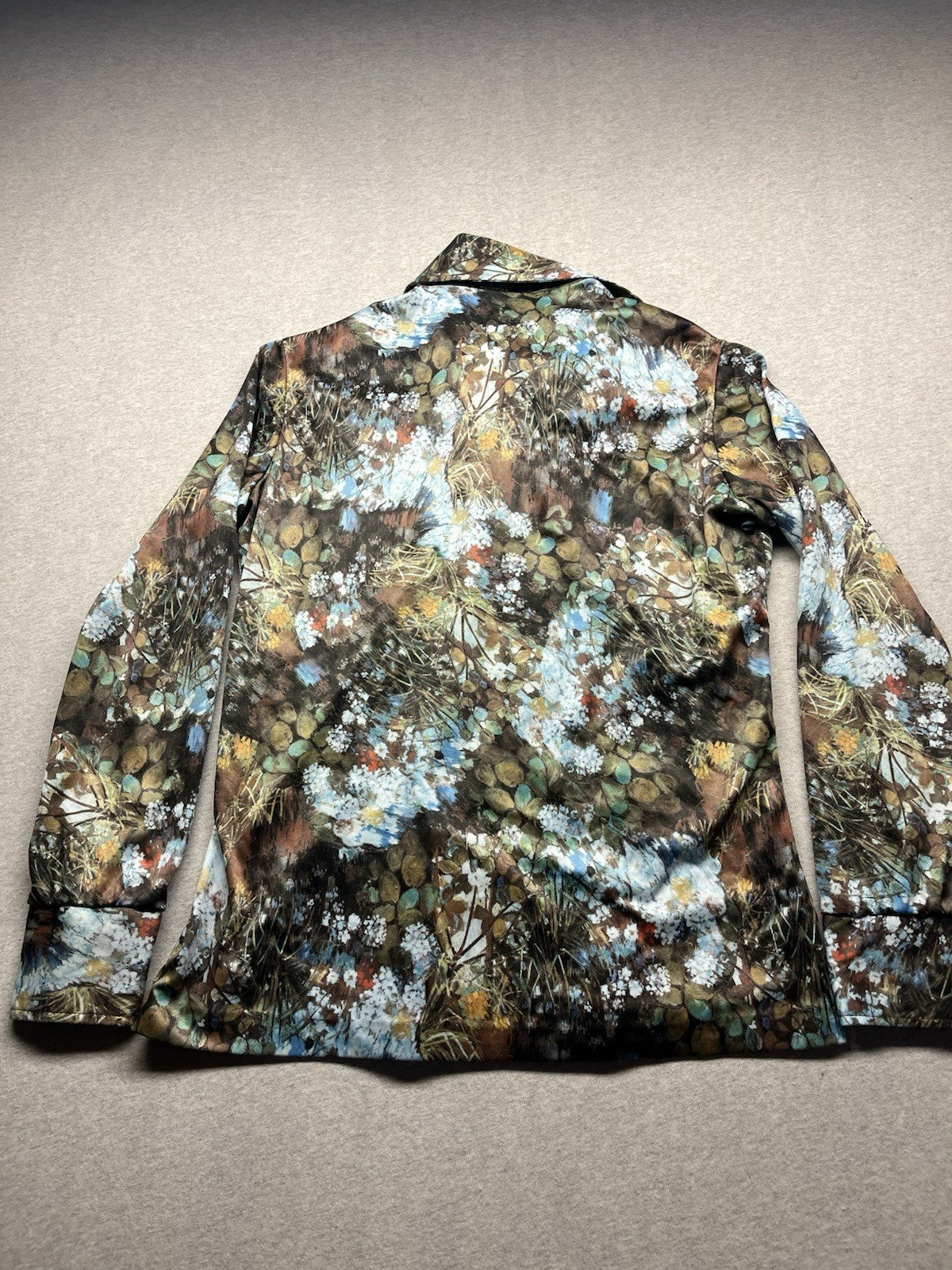 1960s, 70s Women’s Knit L Sleeve Brown Flowered Print Shirt By Terry