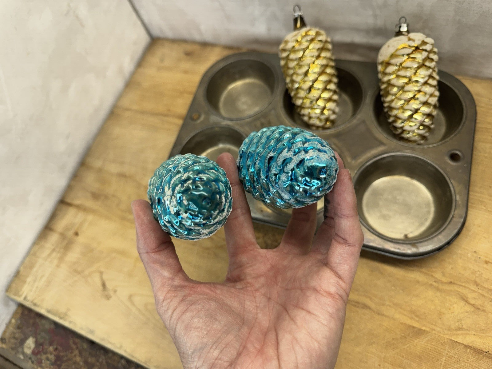 4 Blue Yellow Pinecone Lg Ornaments Antique #1547