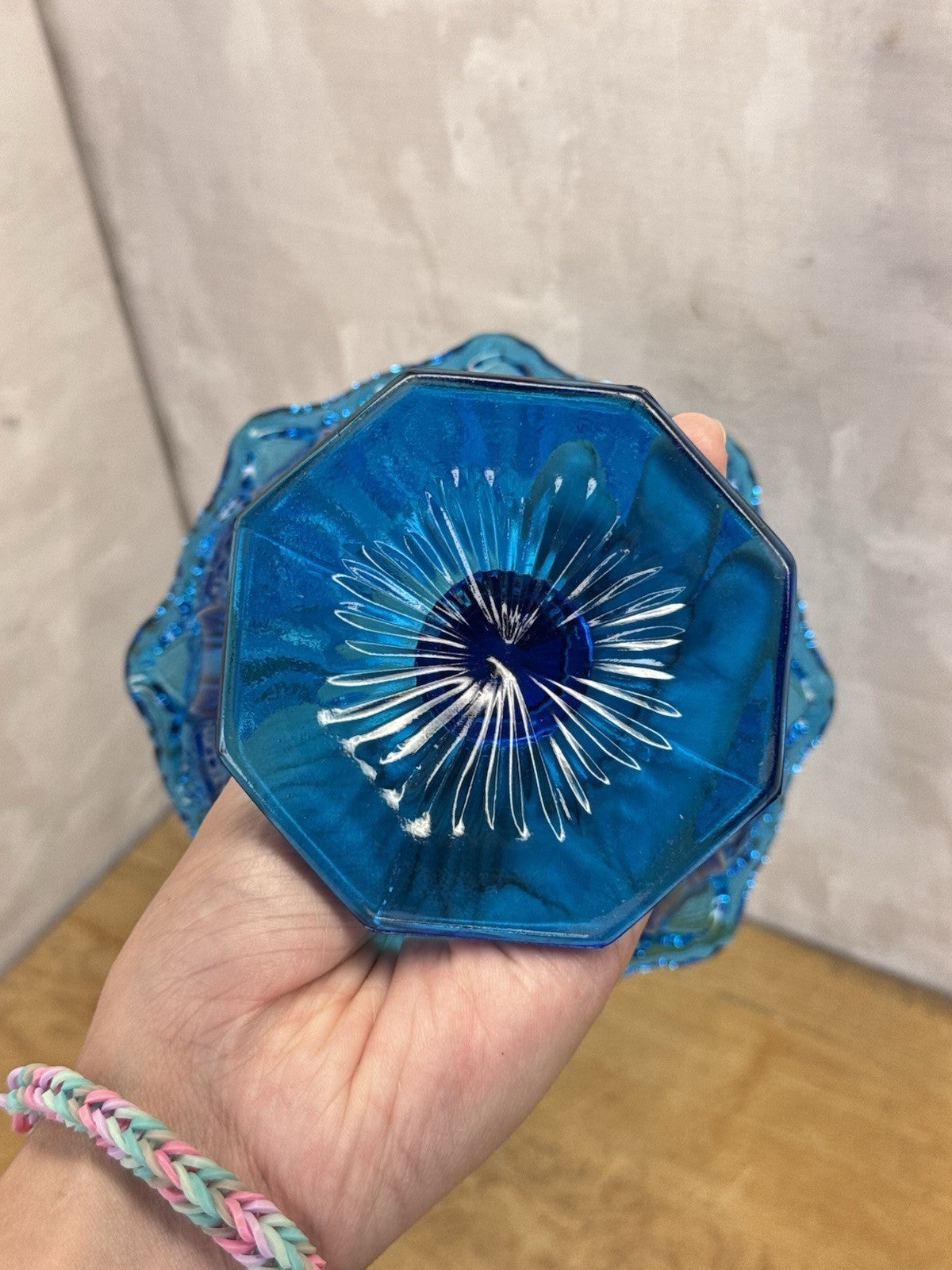 Vintage LE Smith Stars And Bars Turquoise Aqua Blue Glass Pedestal Compote Dish