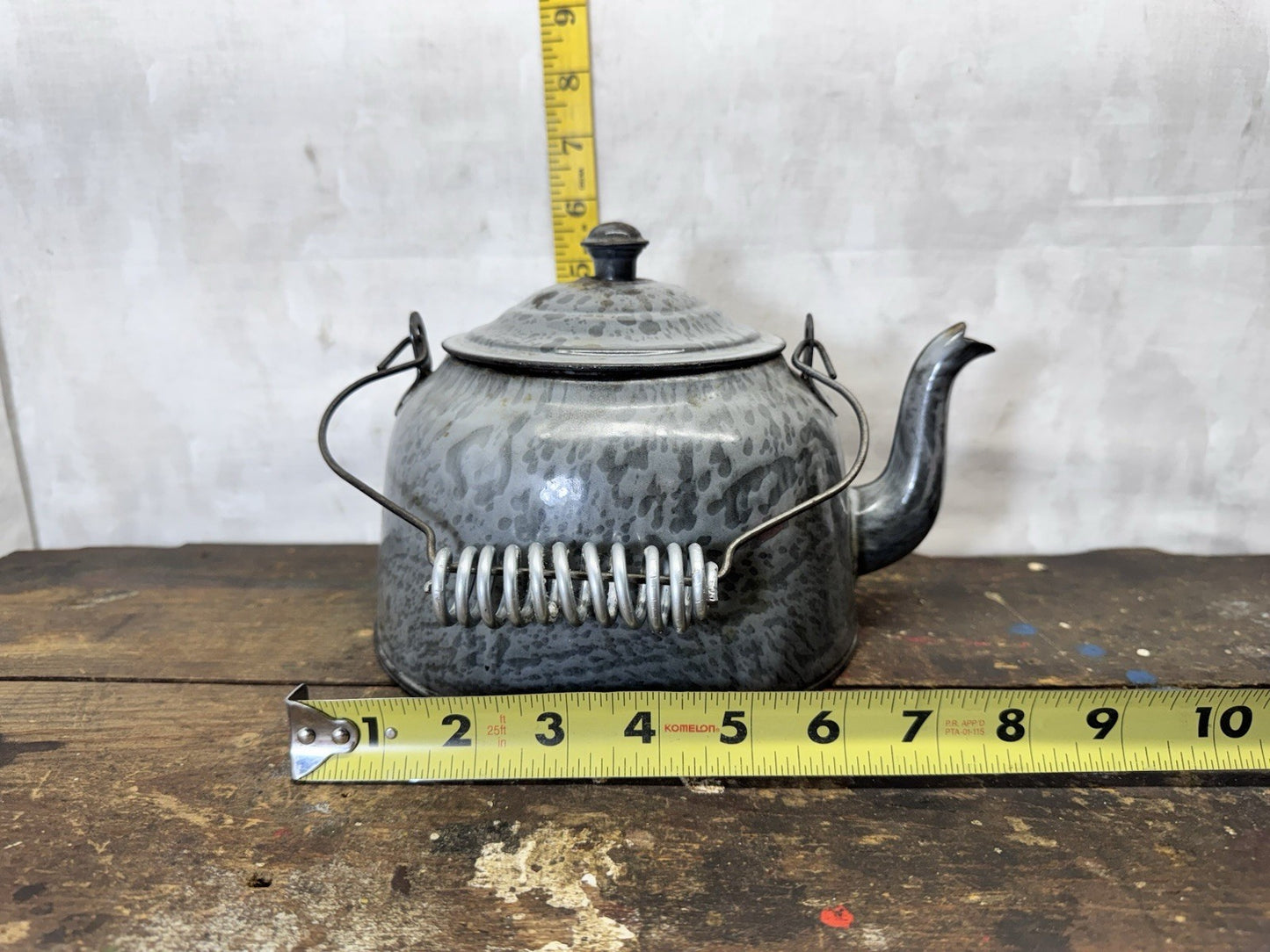 Grey French Swirl Splatter Enamelware Tea Pot Vtg #S-1872