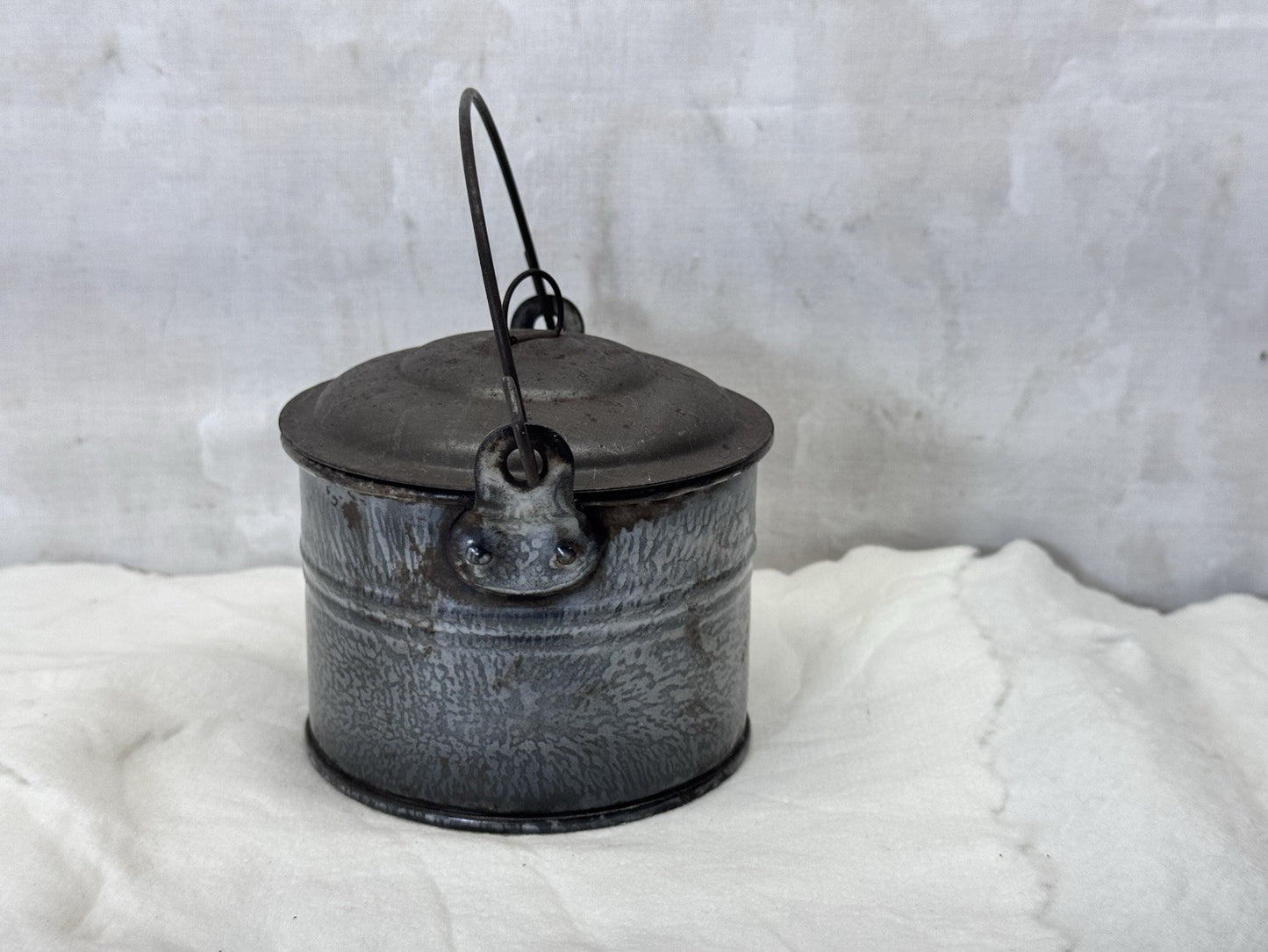 Grey Swirl Splatter Mottled Enamelware Vintage Berry Bucket #S-1844