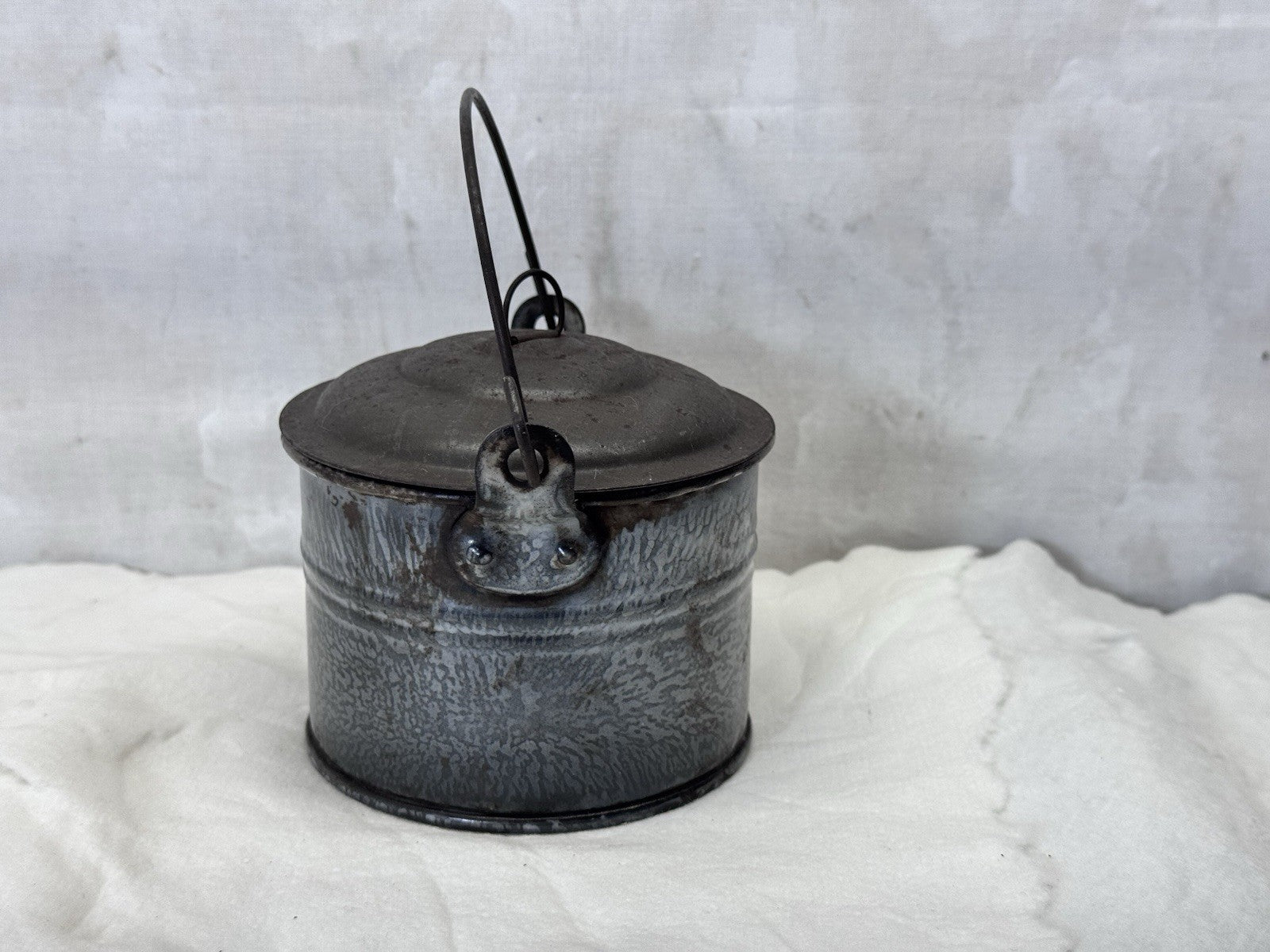 Grey Swirl Splatter Mottled Enamelware Vintage Berry Bucket #S-1844