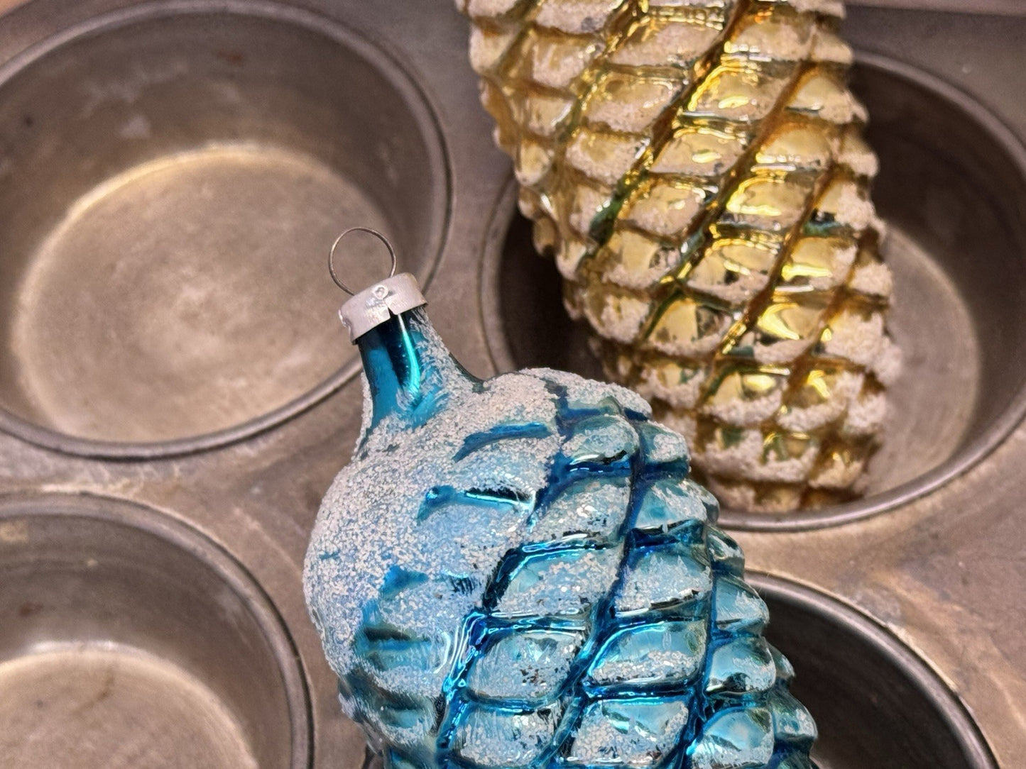 4 Blue Yellow Pinecone Lg Ornaments Antique #1547