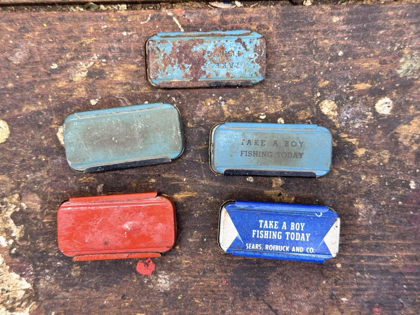 5 Vintage Split Shot Fishing Tins Some W/contents #1002