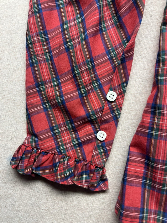 1970s, 80s Women’s Red Plaid Western L Sleeve Cotton Ruffles Top