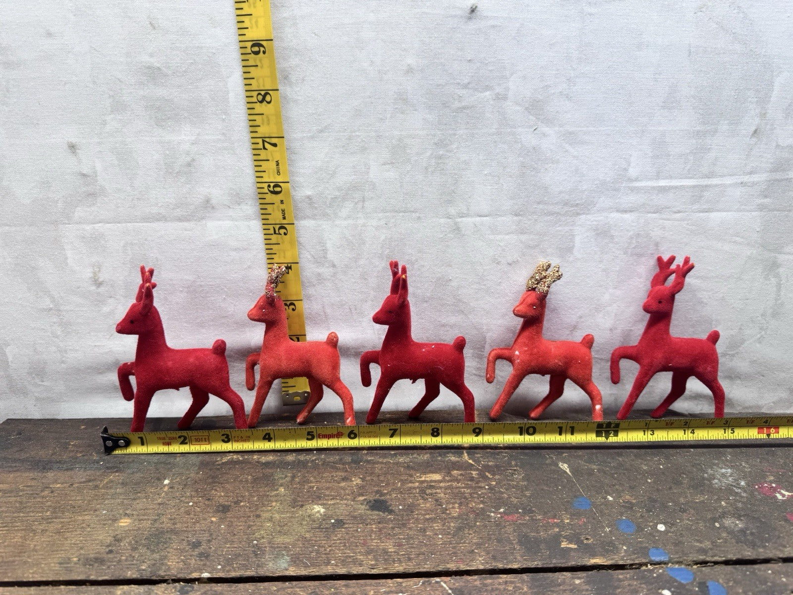 Vintage 6 Plastic Reindeer Red Flocked #1552