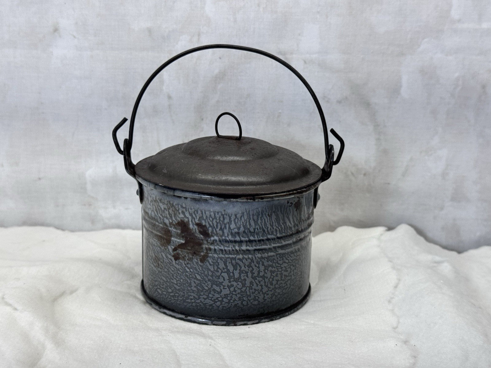 Grey Swirl Splatter Mottled Enamelware Vintage Berry Bucket #S-1844