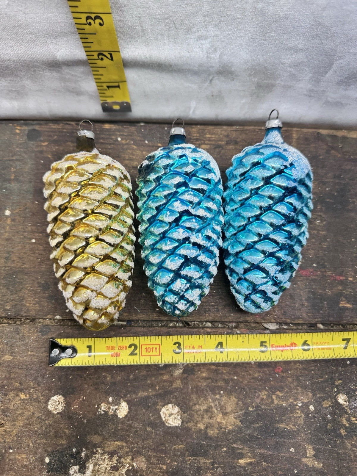 4 Blue Yellow Pinecone Lg Ornaments Antique #1547