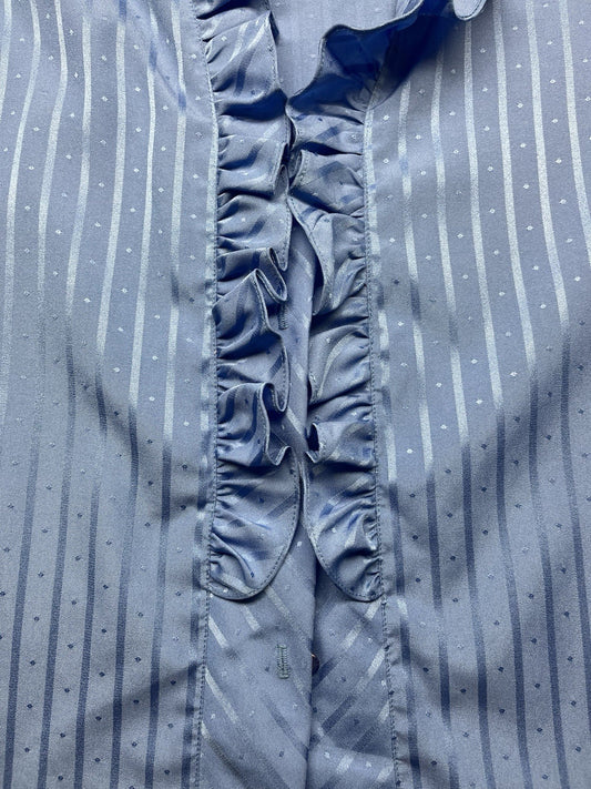 1970s, 80s Women’s L Sleeve Blue Striped Nylon Ruffled Top