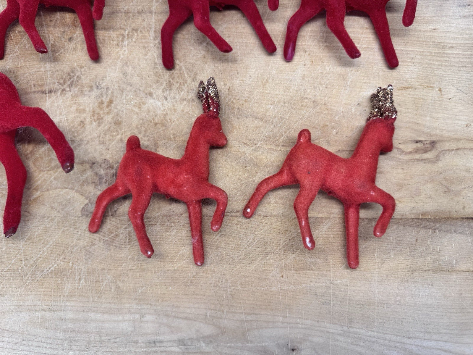 Vintage 6 Plastic Reindeer Red Flocked #1552