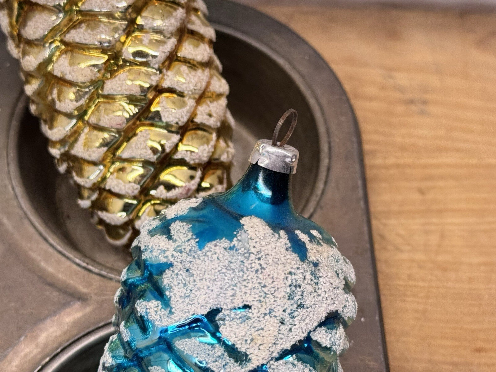 4 Blue Yellow Pinecone Lg Ornaments Antique #1547