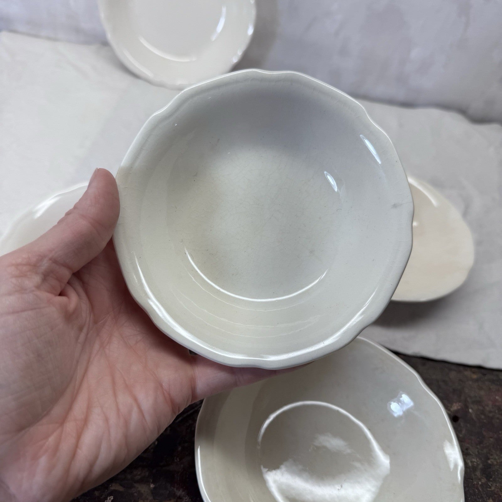White Stoneware Serving Bowls Flawed