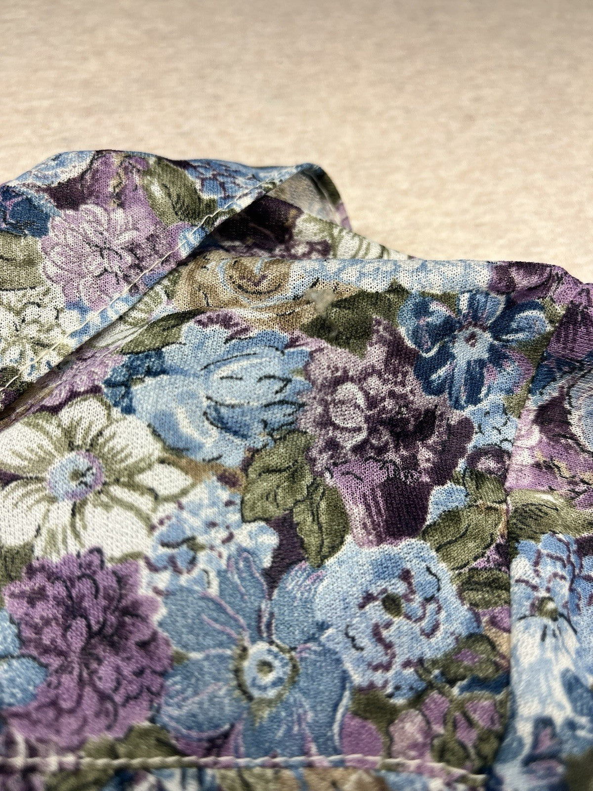 1960s, 70s Women’s Ruffled Knit Sheer Floral Print L Sleeve Top