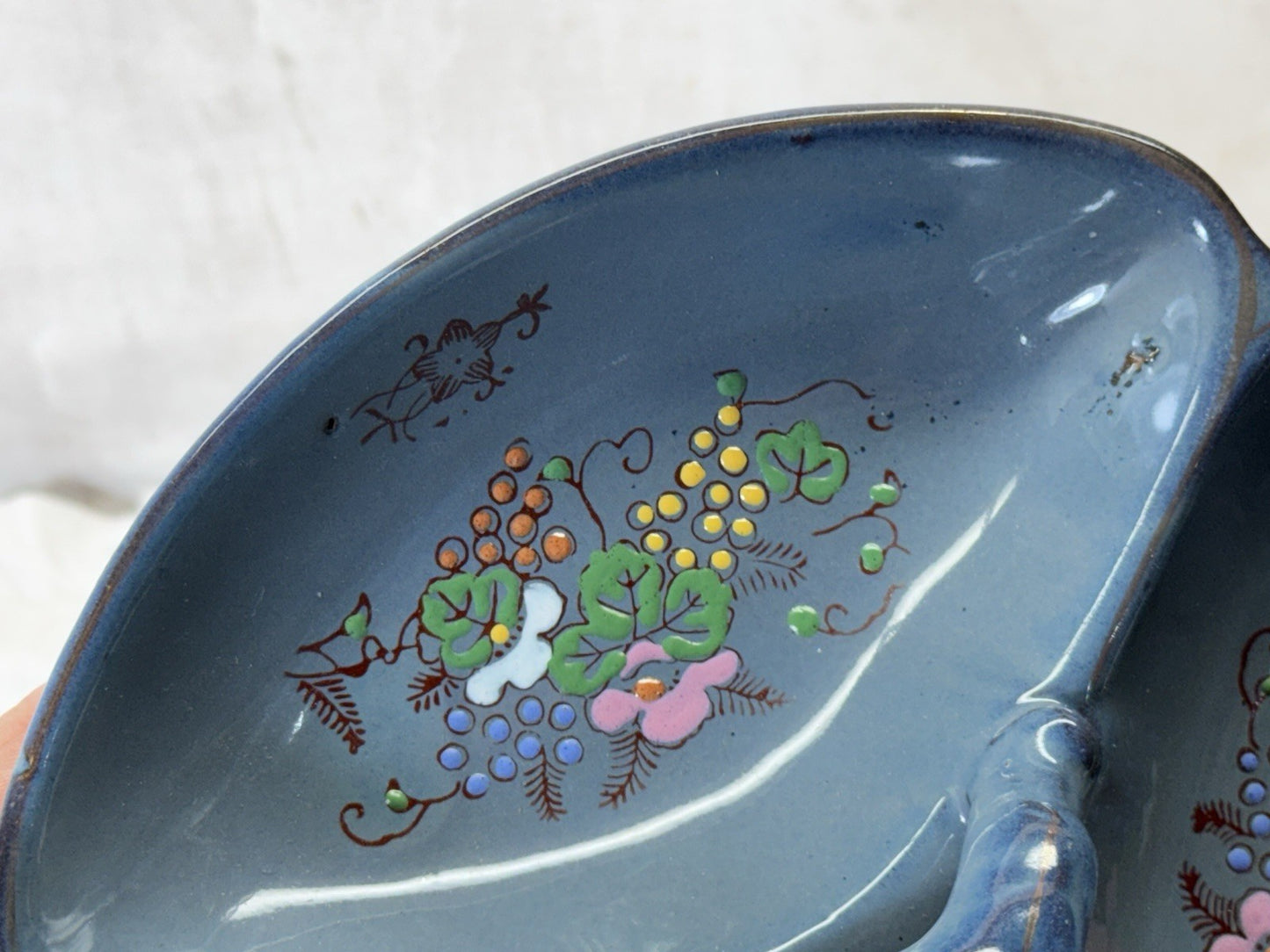 Vintage Serving Dish Blue Painted Floral #s-1905
