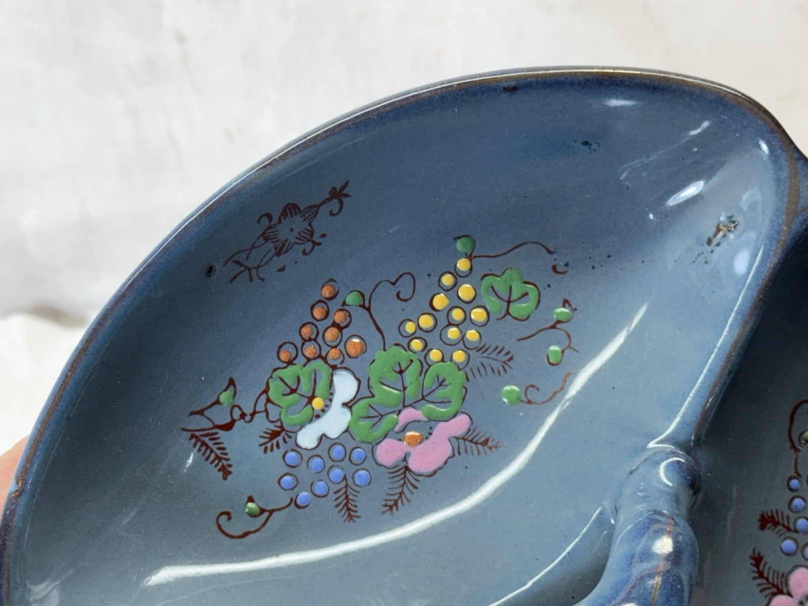 Vintage Serving Dish Blue Painted Floral #s-1905