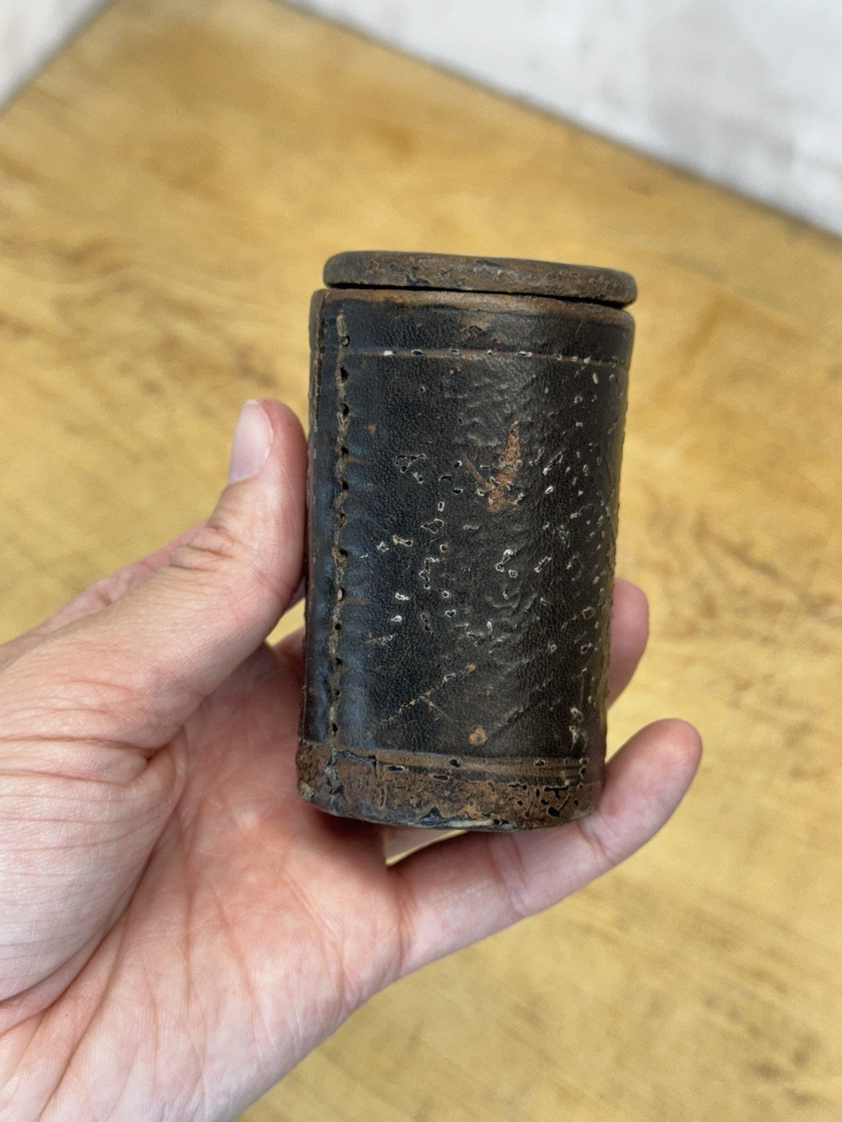 Vtg Round Leather Container Or Measure #S-1698