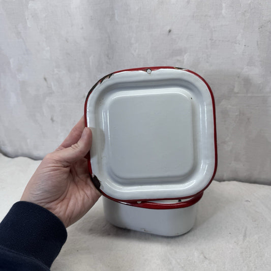 Red And White Enamelware Butter Fridge Dish Vintage