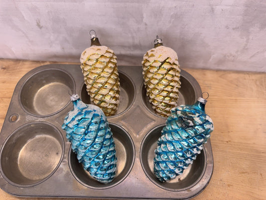 4 Blue Yellow Pinecone Lg Ornaments Antique #1547