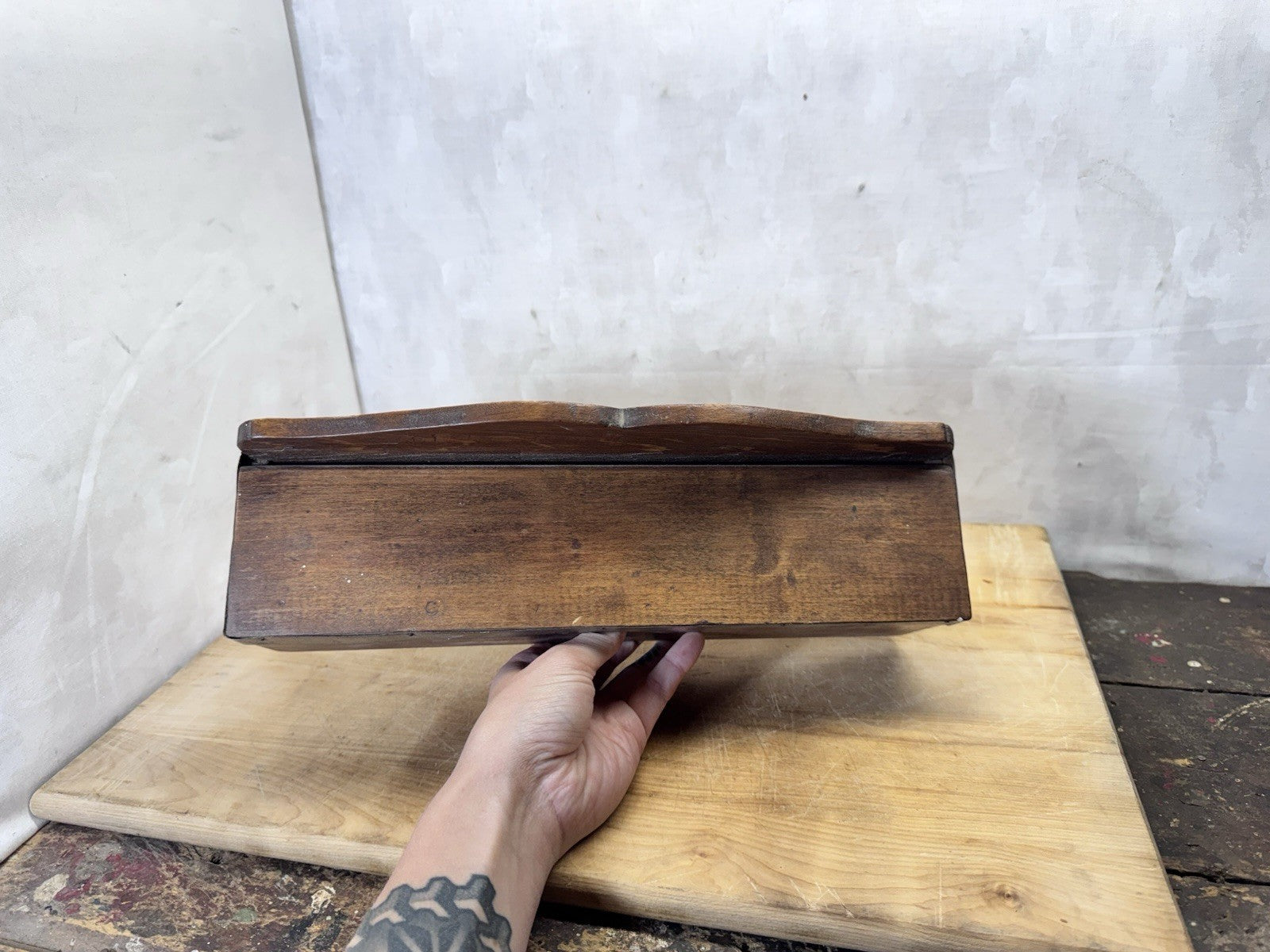 Vintage Wooden Box With Lid Metal Band  #S-1825