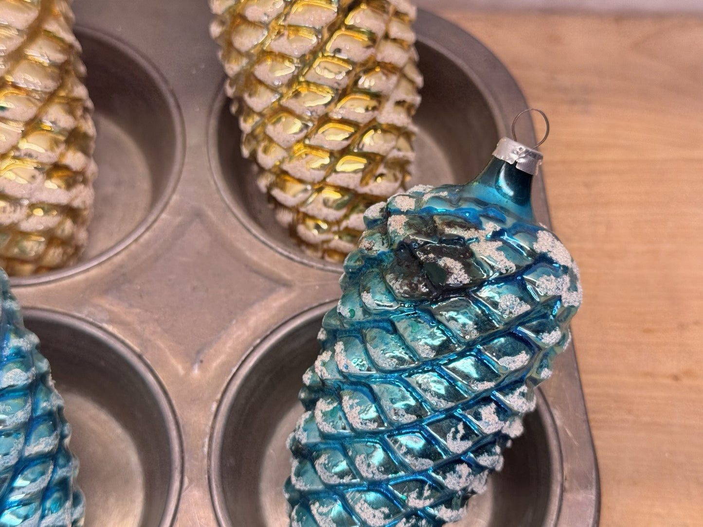 4 Blue Yellow Pinecone Lg Ornaments Antique #1547