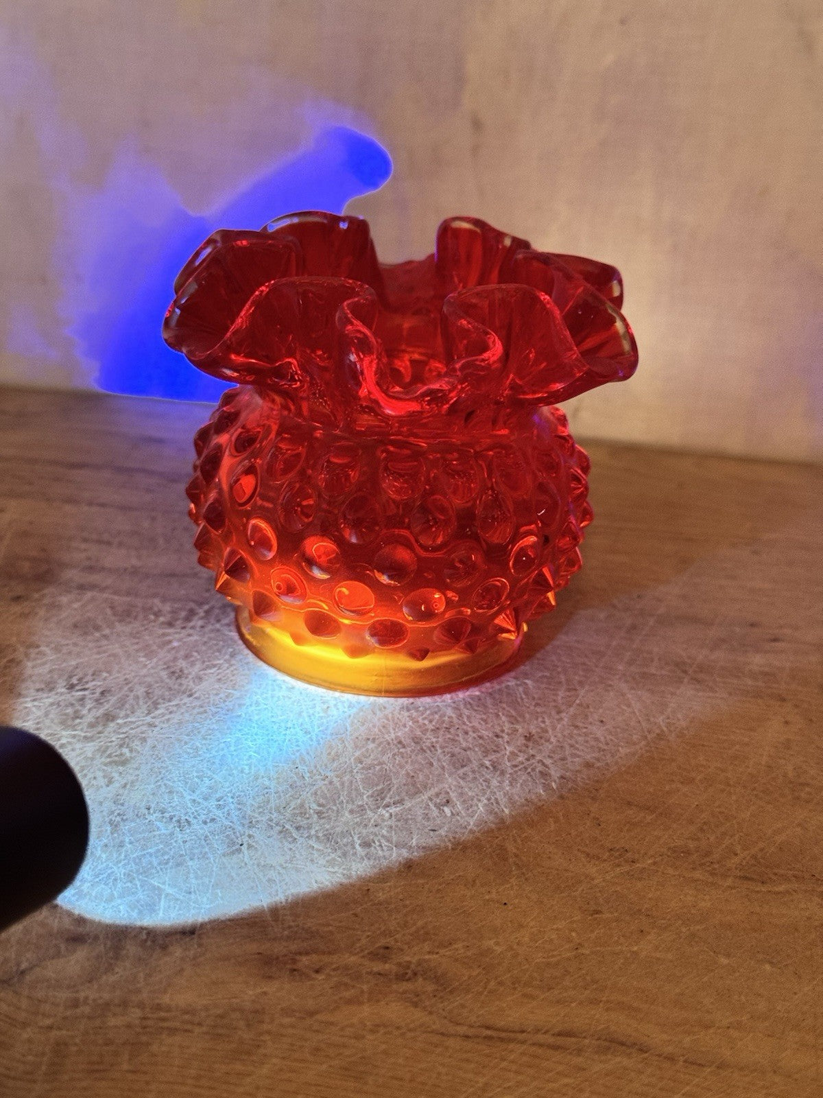 Vintage Fenton Hobnail Amberina Ruffled Bowl #1461