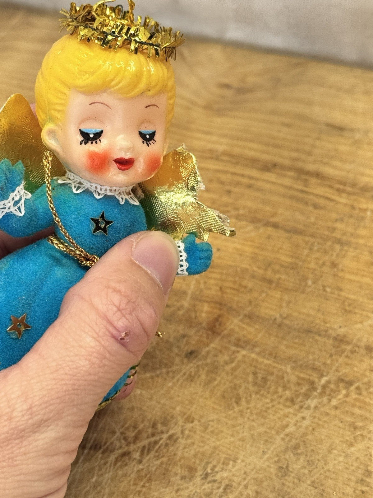 Blue Flocked Angel Christmas Ornament Vtg #1551