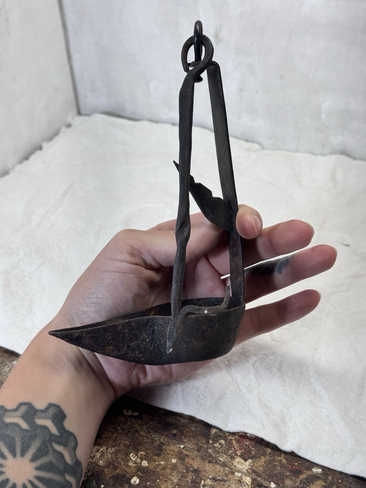 Wrought Iron Whale Oil Double Betty Lamp Antique #S-1920