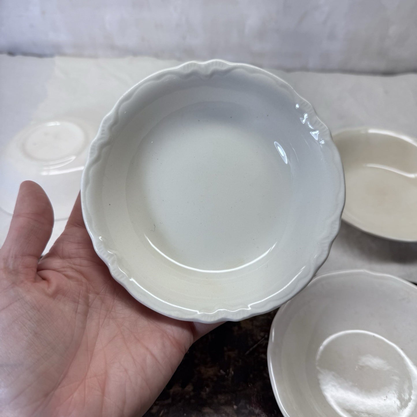 White Stoneware Serving Bowls Flawed