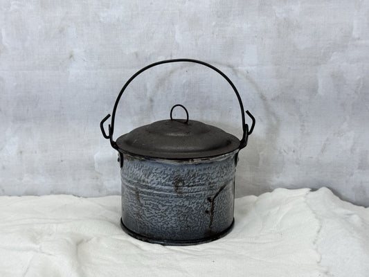 Grey Swirl Splatter Mottled Enamelware Vintage Berry Bucket #S-1844