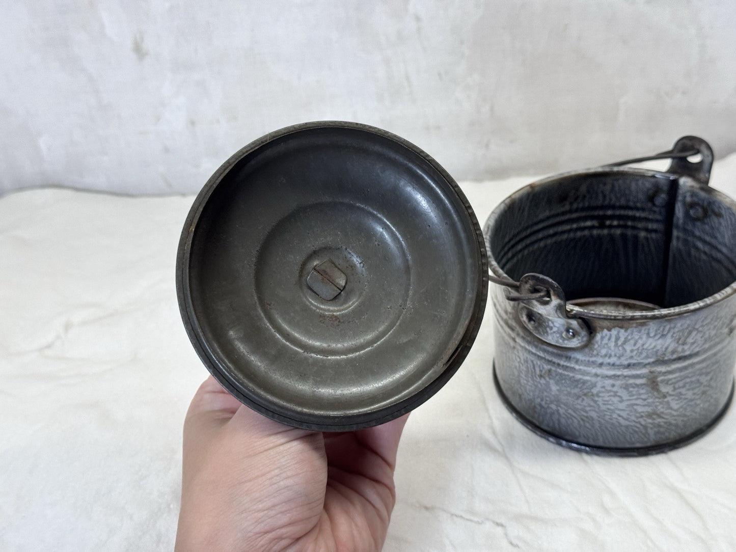 Grey Swirl Splatter Mottled Enamelware Vintage Berry Bucket #S-1844