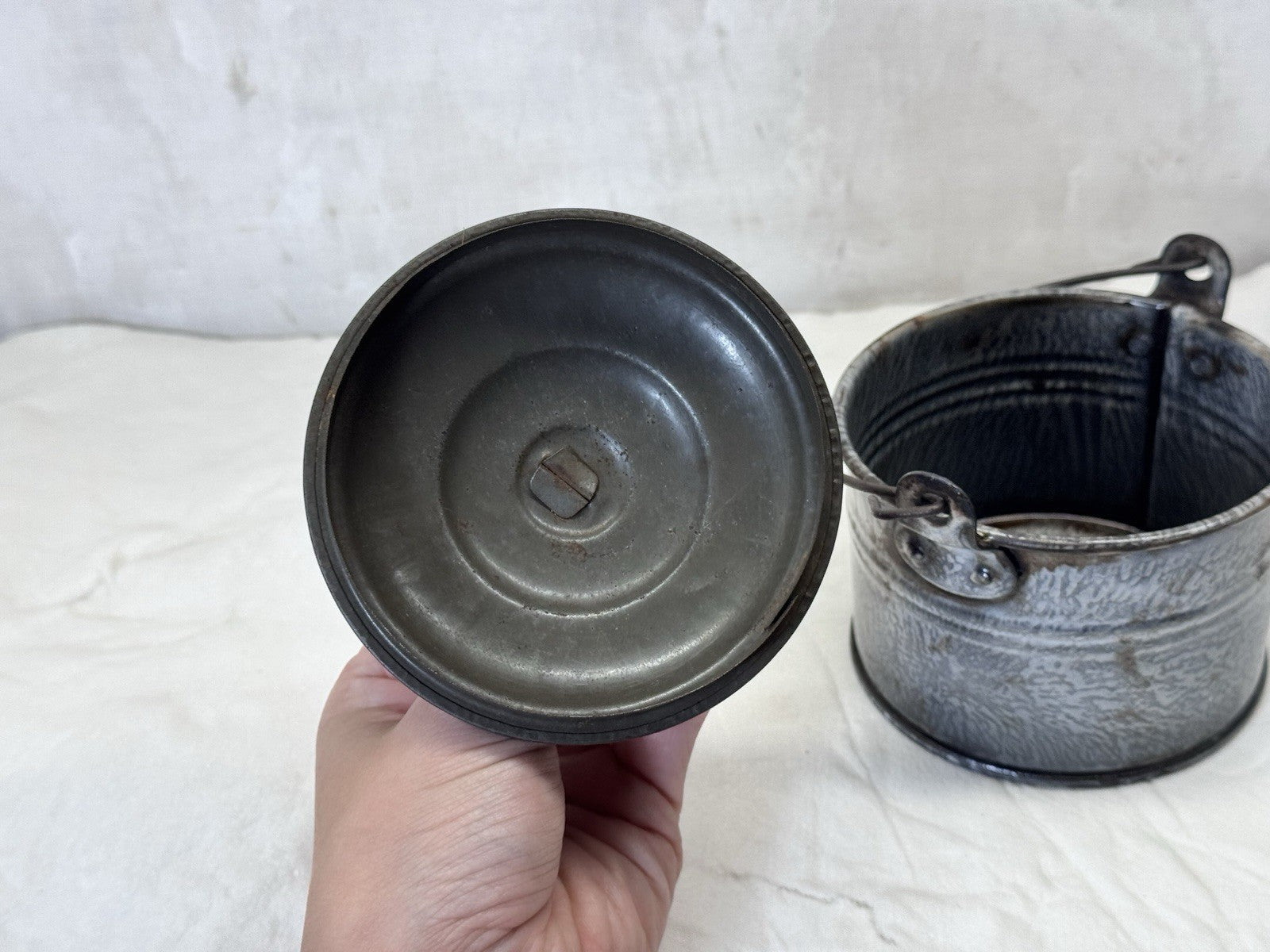 Grey Swirl Splatter Mottled Enamelware Vintage Berry Bucket #S-1844
