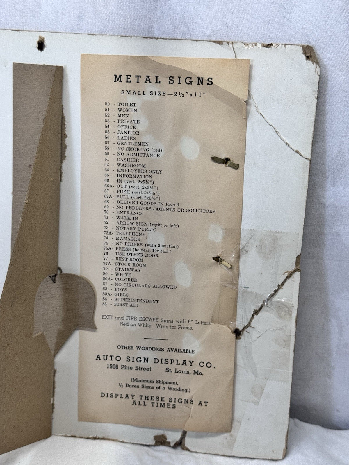 Salesman Metal Sign Display Cardboard Easel Back Vtg S-1781