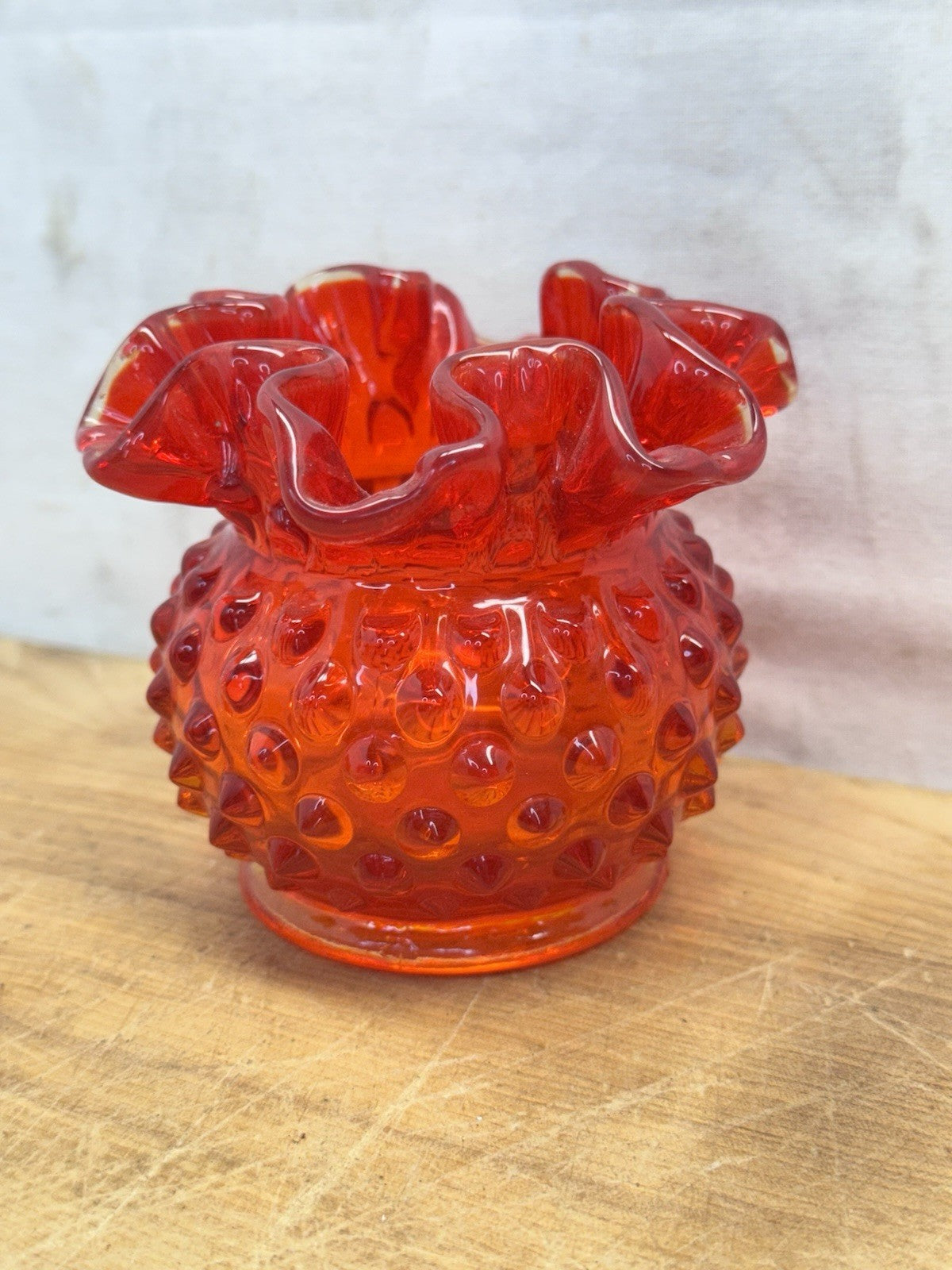 Vintage Fenton Hobnail Amberina Ruffled Bowl #1461