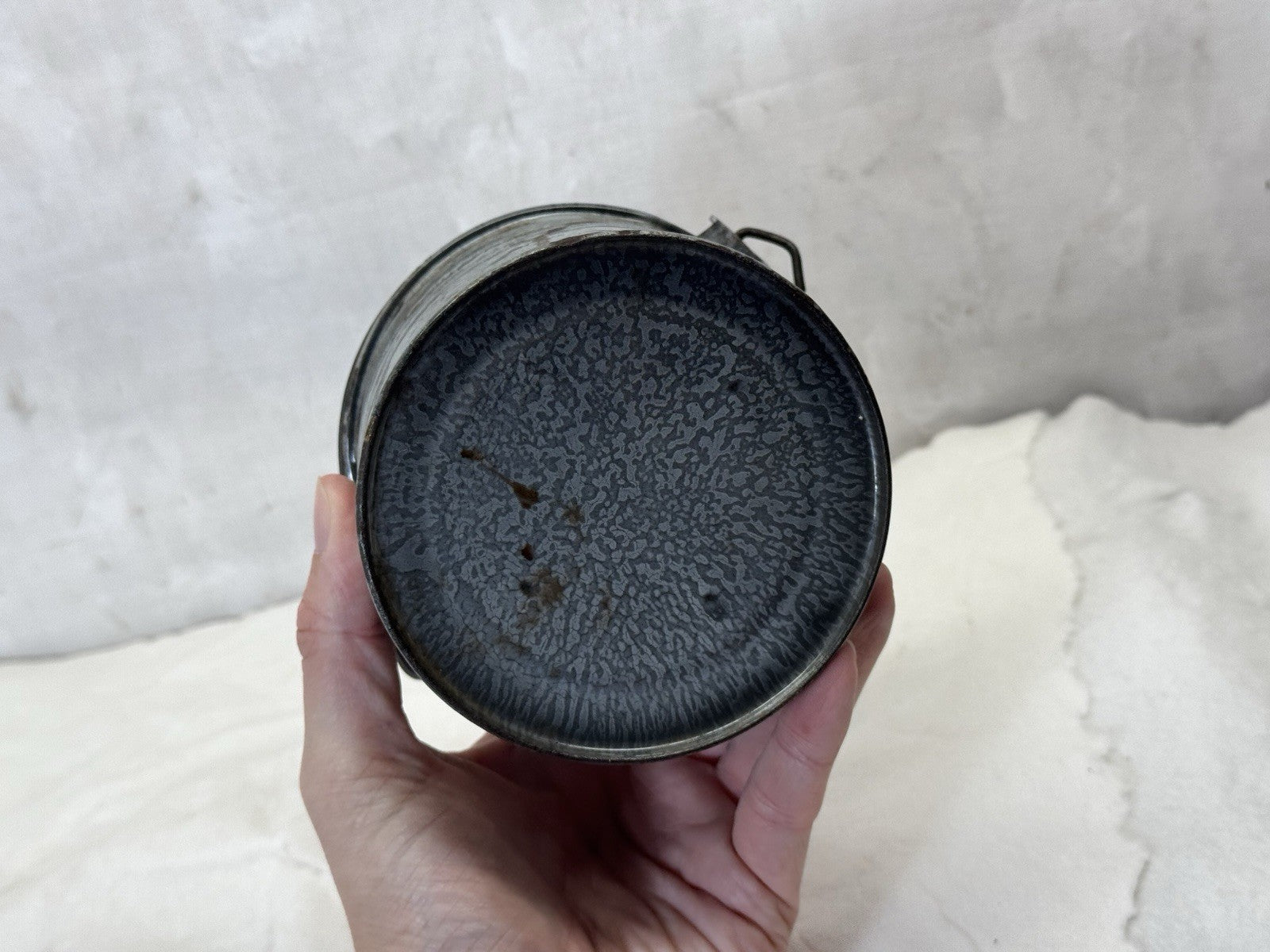 Grey Swirl Splatter Mottled Enamelware Vintage Berry Bucket #S-1844